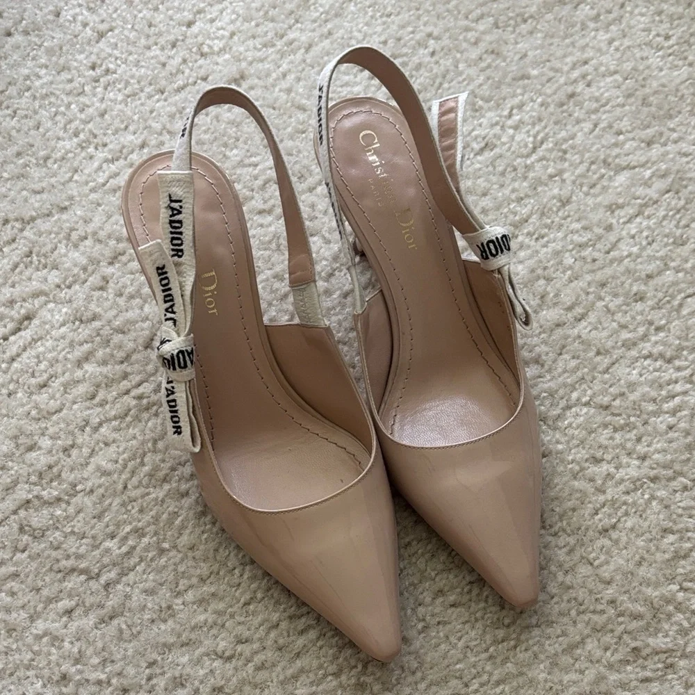 Christian Dior Nude Patent Ribbon J'Adior Slingback 65mm Pumps size 37.5